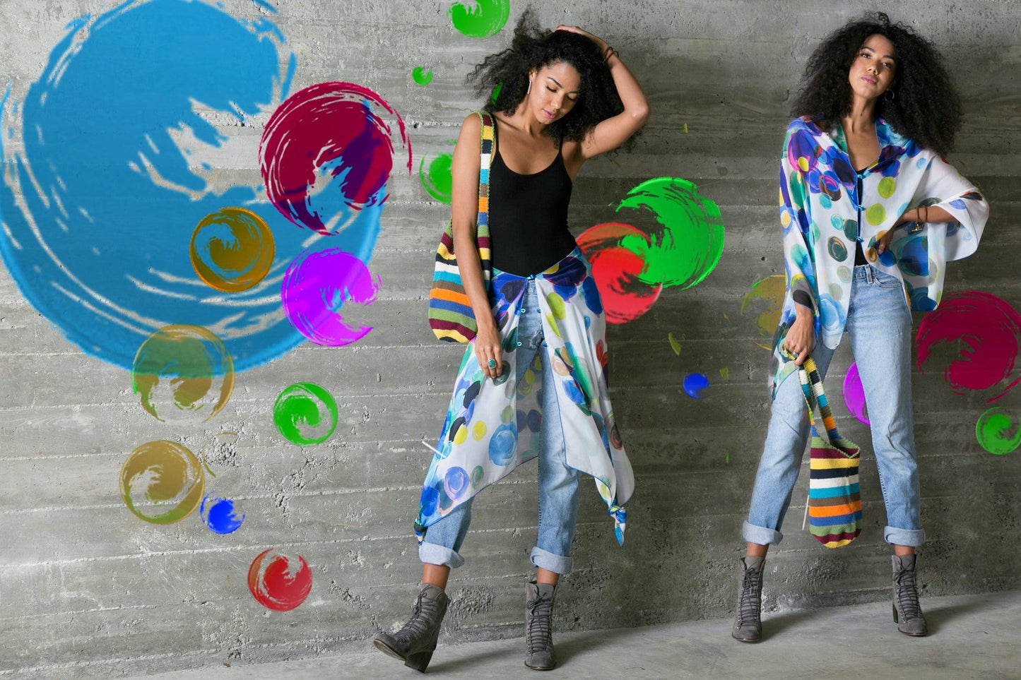 2 models wearing the LuLuwrap "spirit" design 2 different ways.